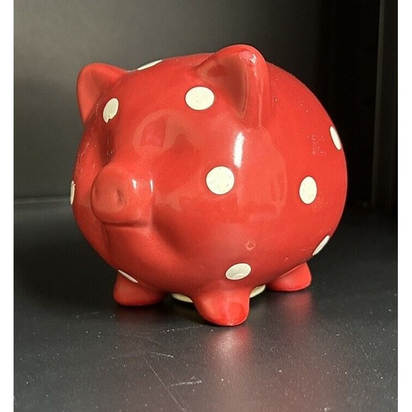 Other - Piggy Bank Red‎ W/ White Polka Dots 4" Wide 4" Tall Coins Money Save Ceramic Pig